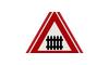 RVV Verkeersbord J10 - U nadert een bewaakte overweg met slagbomen spoorweg rails treinspoor bord spoor driehoek rood waarschuwingsbord breed